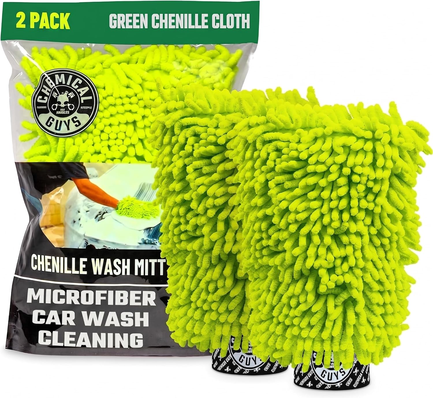 Chemical Guys MIC493 Chenille Premium Scratch-Free Microfiber Wash Mitt, Lime Green, 9.6" x 2.3" x 7" (Pack of 2)